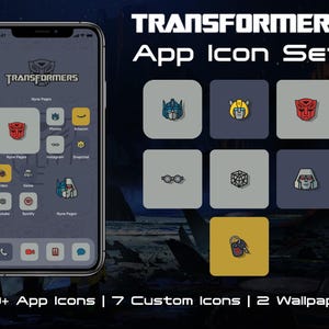 Op de afbeelding: Een smartphone toont een Transformers app-icoonset. De iconen tonen karakterontwerpen en logo's tegen een donkere achtergrond. De afbeelding bevat de tekst "TRANSFORMERS App Icon Set" en details over het aantal iconen en wallpapers.