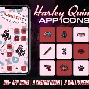Può includere: Uno schermo di smartphone mostra un tema personalizzato con icone di app di Harley Quinn. Le icone sono rosse, nere e blu, con immagini di una mazza da baseball, labbra e una granata. Le parole "Harley Quinn APP ICONS" sono visualizzate sopra le icone.