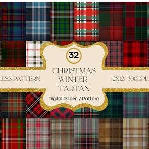 Sömlöst papperspaket med vintertartanpläd, 32 digitala papper, direktnedladdning