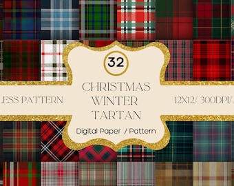 May include: A digital paper set featuring 32 Christmas Winter Tartan patterns in various colors, including red, green, blue, and brown. The image includes the text "CHRISTMAS WINTER TARTAN" and "INSTANT DOWNLOAD". Each pattern is 12x12 inches at 300 DPI.