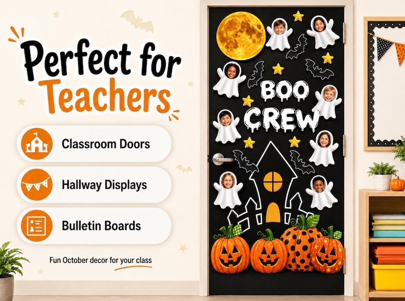 K&ouml;nnte beinhalten: Eine schwarze T&uuml;r mit Halloween-Dekoration, bestehend aus einem gro&szlig;en gelben Mond, wei&szlig;en Geister-Ausschnitten mit Kindergesichtern, gelben Sternen, schwarzen Fledermaus-Silhouetten, einem wei&szlig;en Spukhaus-Umriss und vier orangefarbenen K&uuml;rbissen.
