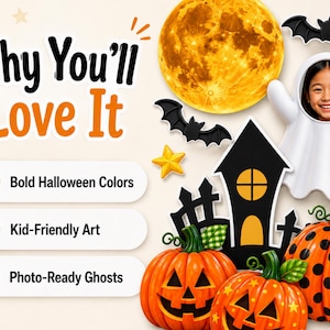 K&ouml;nnte beinhalten: Eine Halloween-Grafik mit einem gro&szlig;en gelben Mond, schwarzen Flederm&auml;usen, gelben Sternen, einer schwarzen Silhouette eines Spukhauses, zwei orangefarbenen K&uuml;rbislaternen, einem orangefarbenen K&uuml;rbis mit schwarzen Punkten und einem wei&szlig;en Geister-Ausschnitt.