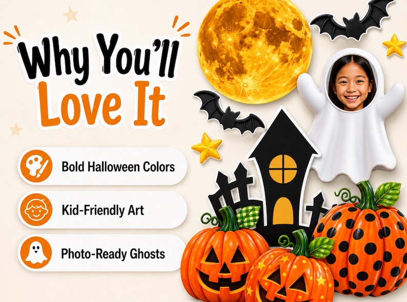 K&ouml;nnte beinhalten: Eine Halloween-Grafik mit einem gro&szlig;en gelben Mond, schwarzen Flederm&auml;usen, gelben Sternen, einer schwarzen Silhouette eines Spukhauses, zwei orangefarbenen K&uuml;rbislaternen, einem orangefarbenen K&uuml;rbis mit schwarzen Punkten und einem wei&szlig;en Geister-Ausschnitt.