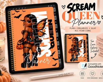 May include: A digital planner displayed on a tablet and a smaller notebook, both featuring an orange cover with a character illustration, butterfly wings, and the text Scream Queen Planner. The set includes a stylus and GoodNotes compatibility icons.