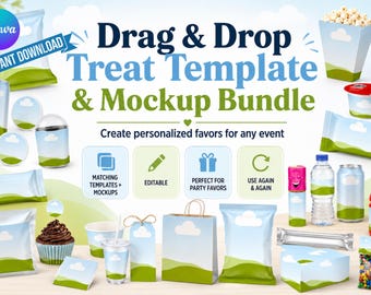 May include: A digital Drag & Drop Treat Template & Mockup Bundle featuring various party favor containers like chip bags, water bottles, and gift bags, all decorated with a blue sky, white clouds, and green hills graphic design pattern.