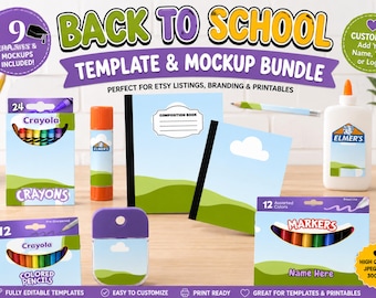 Terug naar school sjabloonbundel canvas | Bewerkbare mock-ups voor schoolbenodigdheden | Krijtlijm notitieboekjelabels | Mockupset voor Etsy-listing