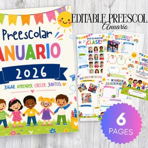 以下が含まれることがあります： 「Preescolar ANUARIO 2026」というタイトルと「JUGAR. APRENDER. CRECER. JUNTOS」というフレーズが書かれた、カラフルな幼稚園の年鑑。表紙には子供たち、虹、笑顔の太陽のイラストが描かれています。「ESTE ES NUESTRO CLASE!」や「GRACIAS MARAVILLOSO ¡ANO!」など、いくつかのページが見えます。