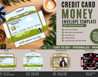 Sjabloon envelop met creditcardgeld | Bewerkbare houder voor contant geld | 8,5 x 11, afdrukbaar | Envelop met canvas voor afstuderen verjaardagscadeau