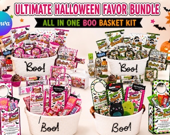 May include: An Ultimate Halloween Favor Bundle featuring white baskets labeled Boo! filled with assorted candy, snacks, and gift cards. The kit includes You've Been Booed signs, door hangers, and various treats like Skittles, Snickers, and Pocky.