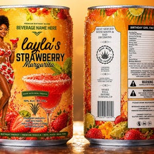 May include: A can of "layla's Strawberry Margarita" with a woman illustration on the front. The can is decorated with strawberries and lime slices. The can contains 10% alcohol by volume and is made with real tequila.