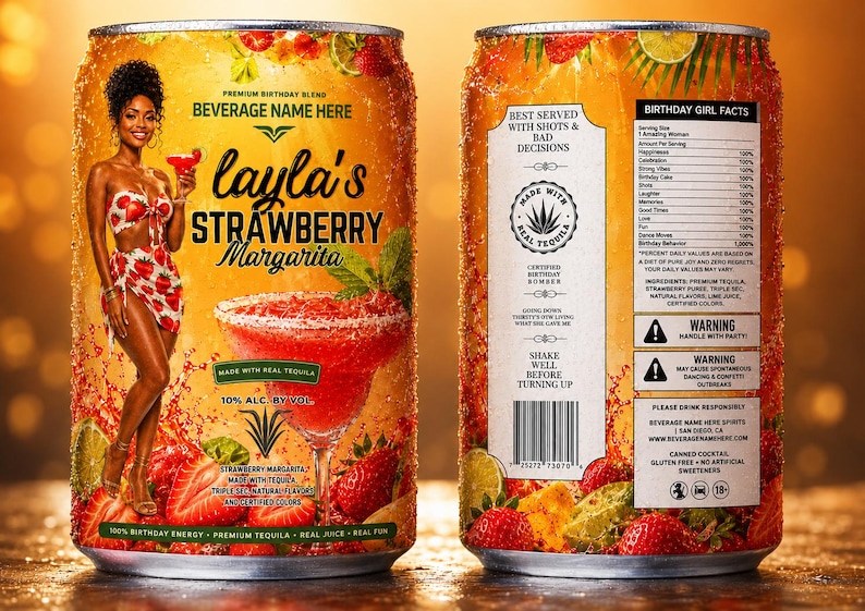 May include: A can of "layla's Strawberry Margarita" with a woman illustration on the front. The can is decorated with strawberries and lime slices. The can contains 10% alcohol by volume and is made with real tequila.