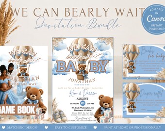 We Can Bearly Wait Babyshower bewerkbare canvas uitnodigingsbundel blauwe beer thema | Spelletjesboek| Kaarten Luierloterij (digitale download)