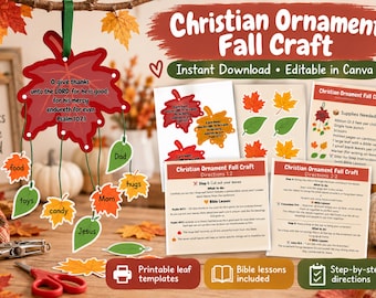 May include: A printable Christian ornament fall craft kit featuring a large red leaf with Psalm 107:1 text, smaller green and orange leaves labeled with words like food, toys, candy, dad, mom, hugs, and Jesus, plus instruction sheets and templates.