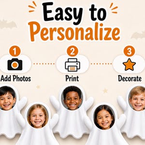K&ouml;nnte beinhalten: Eine Anleitungsgrafik mit dem Titel Easy to Personalize mit drei Schritten: 1 Add Photos, 2 Print und 3 Decorate. Darunter befinden sich f&uuml;nf wei&szlig;e, geisterf&ouml;rmige Rahmen, die jeweils das kreisf&ouml;rmige Portr&auml;t eines l&auml;chelnden Kindes enthalten.