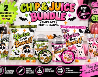 May include: A digital design bundle featuring two Halloween-themed sets in green and pink. The templates include chip bags, juice pouches, and circular labels with ghost graphics, bats, and the text You've Been Booed and Hey Boo, editable in Canva.
