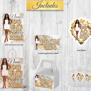 May include: A collection of party supplies featuring a woman in a white dress. Includes a gift bag, labels, and cups. The text "Name PROM Send Off 2K26" is displayed in gold and diamond-like lettering. The gift bag is 7x10 inches.