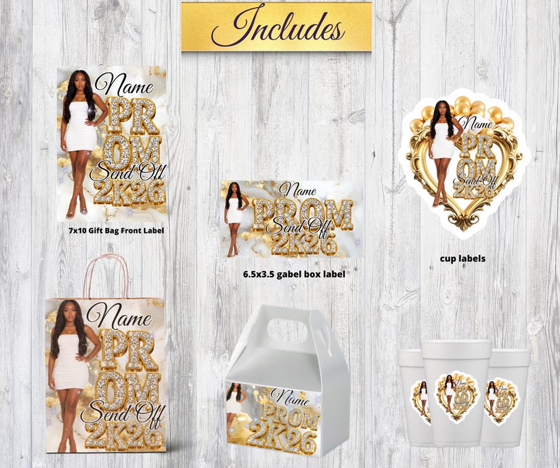 May include: A collection of party supplies featuring a woman in a white dress. Includes a gift bag, labels, and cups. The text "Name PROM Send Off 2K26" is displayed in gold and diamond-like lettering. The gift bag is 7x10 inches.