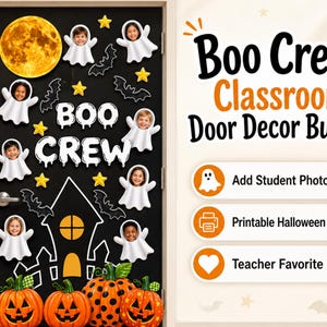 May include: A black door decorated with Halloween cutouts including a yellow moon, white ghosts with child photo faces, yellow stars, black bats, and orange pumpkins. The text reads Boo Crew, Boo Crew Classroom Door Decor Bundle, Add Student Photos, Printable Halloween Decor, and Teacher Favorite.