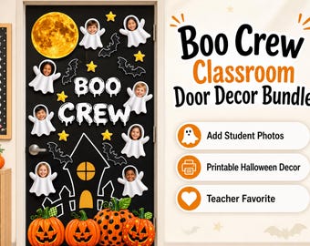 May include: A black door decorated with Halloween cutouts including a yellow moon, white ghosts with child photo faces, yellow stars, black bats, and orange pumpkins. The text reads Boo Crew, Boo Crew Classroom Door Decor Bundle, Add Student Photos, Printable Halloween Decor, and Teacher Favorite.