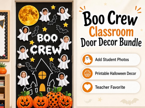 Halloween Classroom Door Decor | Boo Crew Student Photo Cutouts | Editable Canva Ghost Faces | Teacher Halloween Bulletin Board