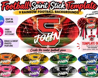 May include: A digital Football Spirit Stick Template featuring nine oval football-shaped backgrounds in various colors. Each design displays a large red number five and the name John in white text over a stadium scene. Includes Canva editing icons.