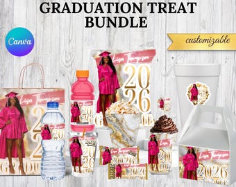 Graduation Treat Bundle Template Canva | Chip Bag, Water Bottle, Candy Wrapper, Cupcake Topper, Party Favor Kit 2026
