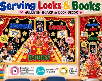 May include: A bulletin board and door decoration set featuring a red carpet theme with illustrations of children reading books. The text reads Serving Looks & Books, Bulletin Board & Door Decor, Storybook Style, Read the Runway, and Classroom Icon Era.