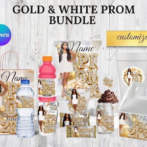 May include: A gold and white prom bundle featuring various items like a tote bag, water bottles, juice bottles, popcorn, and candy bars. Each item is decorated with a photo of a person in a white dress and the text "PROM 2K26".