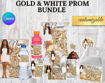 Gold White Prom Send Off Bundle Canva Template | Editable Party Decor Pack | Chip Bags, Water Labels, Treat Labels, Favor Bags