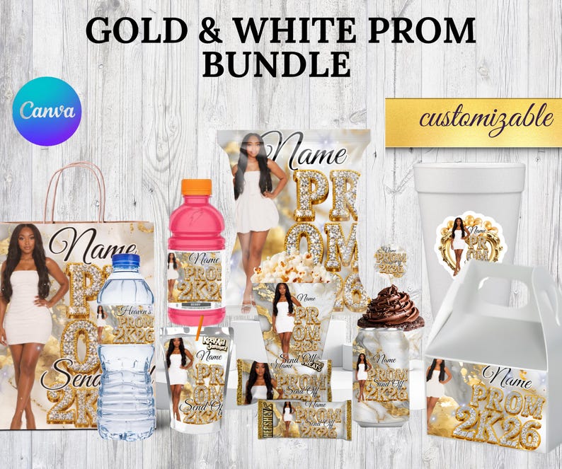 May include: A gold and white prom bundle featuring various items like a tote bag, water bottles, juice bottles, popcorn, and candy bars. Each item is decorated with a photo of a person in a white dress and the text "PROM 2K26".