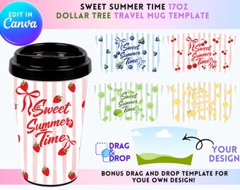 Sjabloon reismok 17 oz canvas | Zoete zomertijd bekeromslag, png | Dollar Tree mok bewerkbare sjabloon | Bewerkbaar bekerontwerp