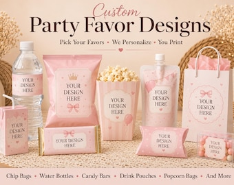 May include: A collection of custom party favor items in soft pink, including a water bottle, chip bag, popcorn box, drink pouch, gift bag, candy bar, juice box, and clear candy box. Each item features the text 'YOUR DESIGN HERE' and decorative icons.