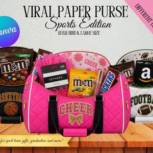May include: A pink quilted purse with the word "CHEER" and a gold bow, surrounded by black and white purses with sports themes. The purses contain snacks, gift cards, and candy. Text reads "VIRAL PAPER PURSE Sports Edition".