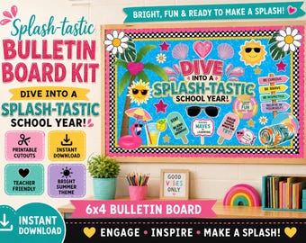 Splash-Tastic prikbordpakket | Klasdecoratie voor de start van het schooljaar | Printbare zomeruitknipsels | Bonusposter (6x4 inch) in PDF-formaat