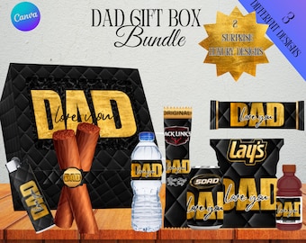 Dad Gift Box Bundle Canva Template | 3 DIY Father’s Day Gift Box 8.5x11 | Chip Bag, Candy Wrapper, Drink Labels | Custom Treat Designs