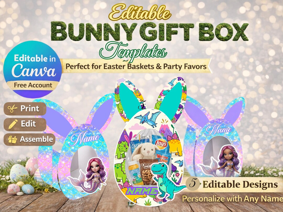 Editable Bunny Gift Box Template | Easter Treat Box Canva Template ...