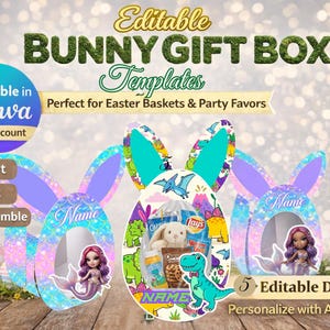 Puede incluir: Una plantilla de caja de regalo con temática de Pascua con orejas de conejo y aberturas en forma de huevo. El diseño incluye una muñeca de sirena, un dinosaurio y el texto "Editable Bunny Gift Box Templates". El texto "Perfect for Easter Baskets & Party Favors" también es visible.