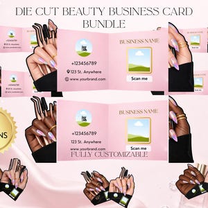 May include: A bundle of die-cut beauty business cards in pink with gold accents. The cards feature a customizable design with space for a business name, contact information, and a QR code. The image also includes a gold seal that says "12 Designs".
