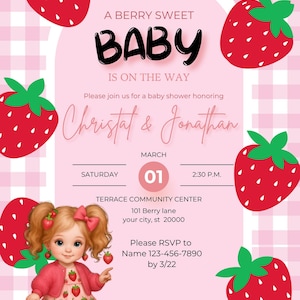 Bewerkbare uitnodiging voor babyshower met zoete bessen, babyshower met aardbei, uitnodiging voor babyshower, uitnodiging voor babyshower met aardbei korte taart