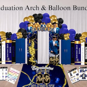 May include: A graduation arch and balloon bundle in blue, gold, and black. The arch features a graduate image, the name "Matthew", and "Class of Twenty". Balloons and decorative elements complete the celebratory scene. Includes stickers.