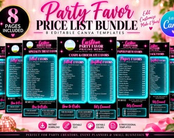 May include: A digital bundle of 8 editable party favor price list templates featuring a black background with neon pink and blue text. The templates include sections for candy, chocolate, and paper favors with pricing lists and contact information.