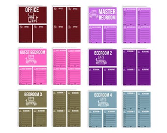May include: A collection of twelve printable cleaning checklists in various colors, including maroon, purple, pink, dark purple, olive, and blue. Each sheet features a room name, a line-art icon, and a list of checkboxes for tracking tasks.