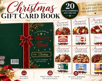 May include: A dark green Christmas gift card book with a red velvet ribbon, gold star accents, and the text Merry Treats. Includes six printable cards featuring themes like movie night, dinner, spa day, coffee, bakery, and arcade, all with festive graphics.