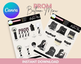 Plantilla de menú con decoración de globos para graduación (Canva editable)