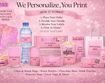 Custom Party Favor Labels Bundle | Choose 1, 2, 3, 5, 8 or 10 Items | Editable Canva Templates | Birthday, Wedding, Any Event