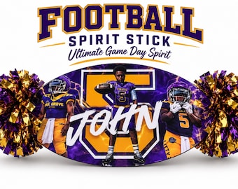 May include: A football spirit stick featuring the text FOOTBALL SPIRIT STICK Ultimate Game Day Spirit. The center oval displays a purple and gold graphic with a football player, the name JOHN, and two purple and gold metallic pom-poms on sides.