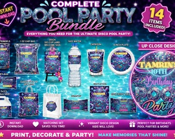 Sjabloon bundel disco poolparty | Bewerkbare gunstset voor verjaardagsfeestje | Decoraties voor zwembadfeesten | Afdrukbare canva direct downloaden