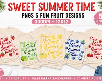 Zoete zomertijd png-bundel | Fruit T-shirtontwerpen T-shirtontwerp Aardbei Citroen Bosbes Kers Limoen | 12 x 12 300 dpi sublimatiebestanden