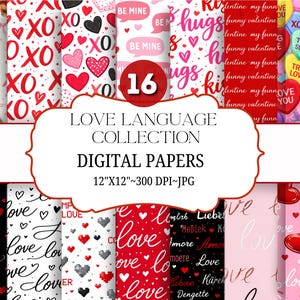 May include: A collection of 16 digital papers with Valentine's Day themes. Designs include hearts, the words "XO," "Be Mine," and "Hugs." The papers are 12"x12" and 300 DPI, perfect for crafting and scrapbooking.