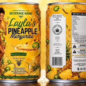 May include: A can of Layla's Pineapple Margarita, a premium birthday blend. The can features a woman in a yellow dress, pineapple and jalape&ntilde;o slices, and text that reads "Made with Real Tequila".
